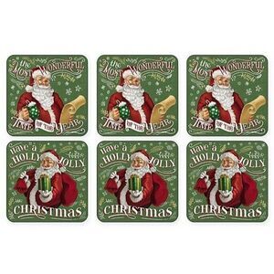 Pimpernel Santa Claus Coasters Set Of 6 Green Square Cork Back Holiday Christmas